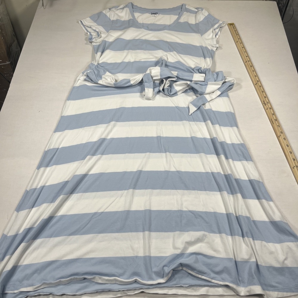 Lands End Women's Maxi Dress L Blue White Stripe Wrap Belt Soft Stretch Beach